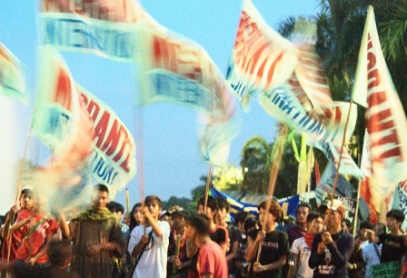 workers wave their flags